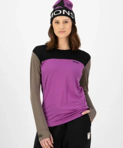 Best Mons Royale Women's Yotei Merino Long Sleeve Purple Bolt/Walnut/Black