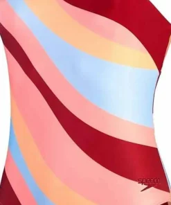 New Speedo Women's Printed Asymmetric 1 Piece Oxblood/Coral