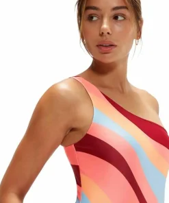 New Speedo Women's Printed Asymmetric 1 Piece Oxblood/Coral