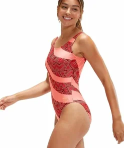 Online Speedo Women's Printed Deep U-Back Oxblood/Coral